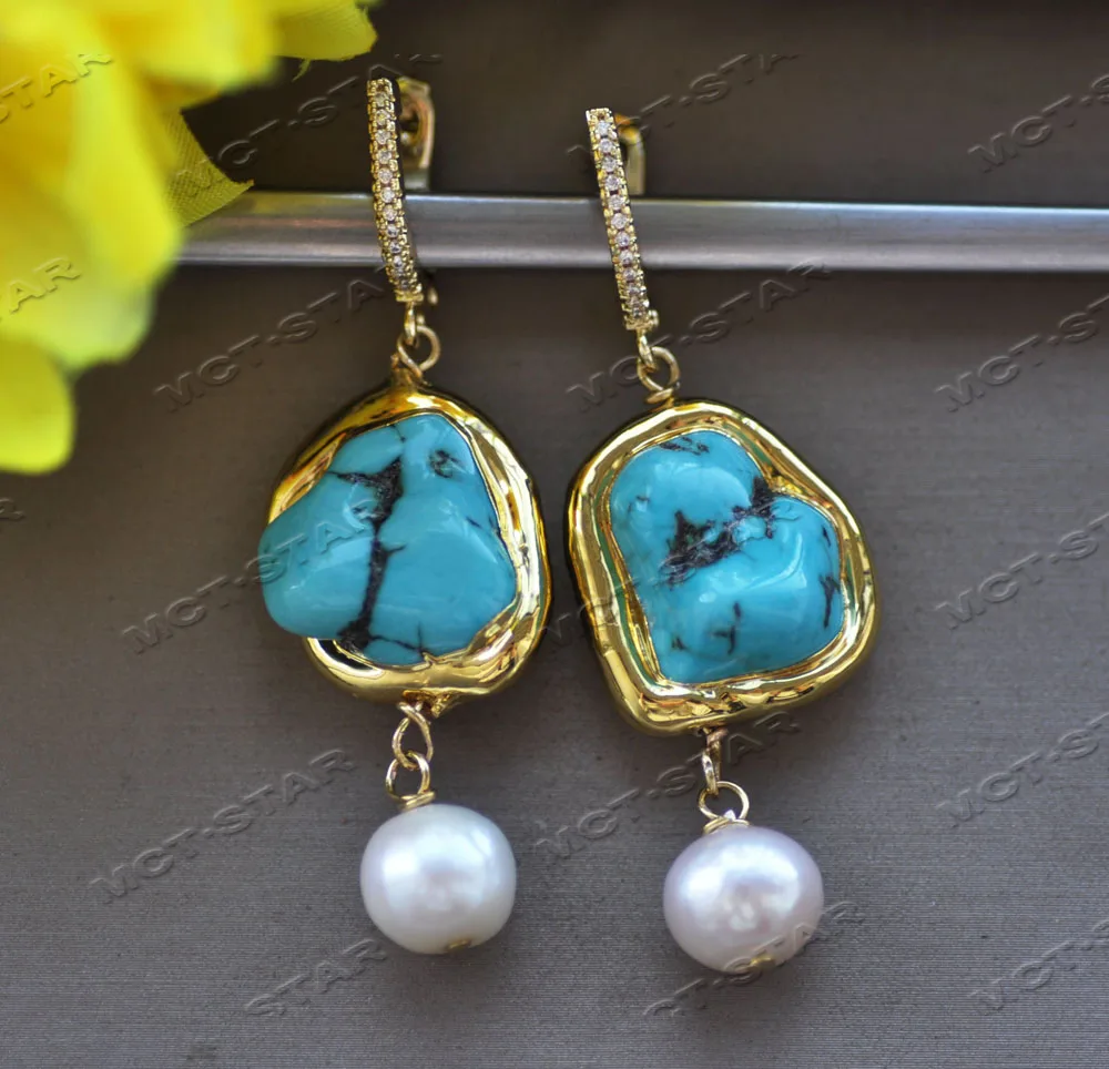 

MTC·STAR Z12575 25mm Baroque Gold Plated Turquoise White Pearl Dangle Earring