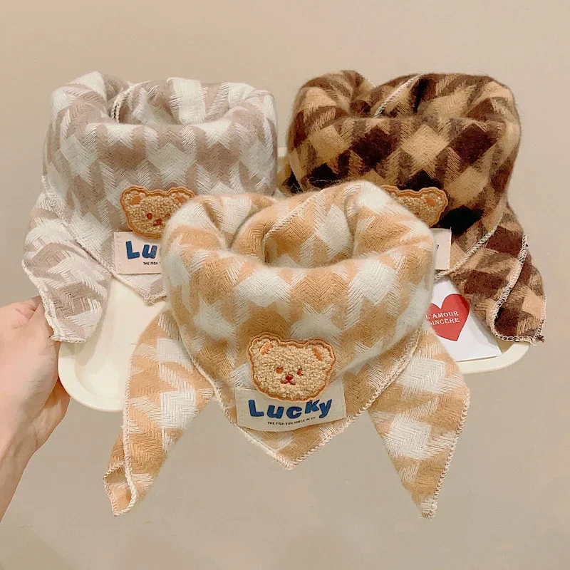 코튼 아기 삼각형 스카프, 따뜻한 방풍 목도리, 귀여운 곰 수건, 어린이 만화, 소년 소녀, 어린이 스카프, 가을, 겨울