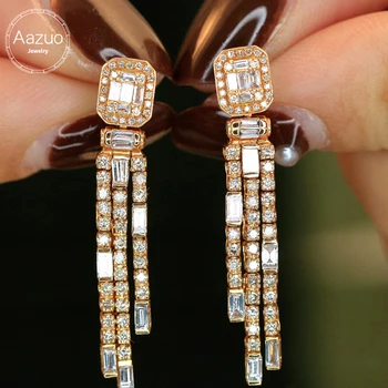 Aazuo 18K Pure Yellow Gold Fashion Jewelry Real Diamonds 1.45ct Square Shape Long Tassels Earring Party Fine Jewelry Hot Sell