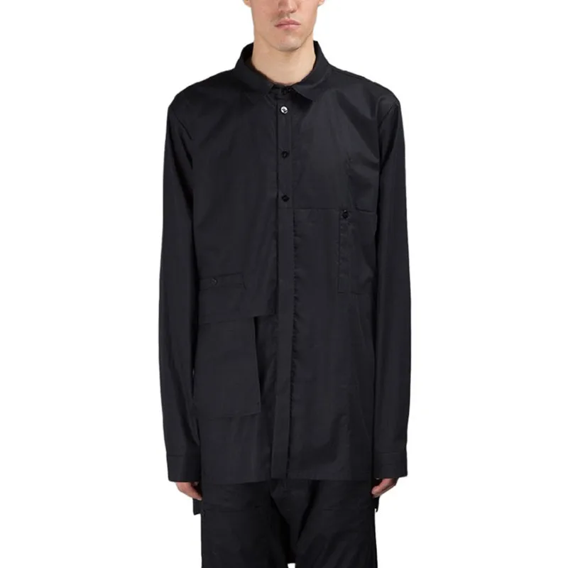 

new men's loose shirt patchwork design handmade multi-layer black shirt