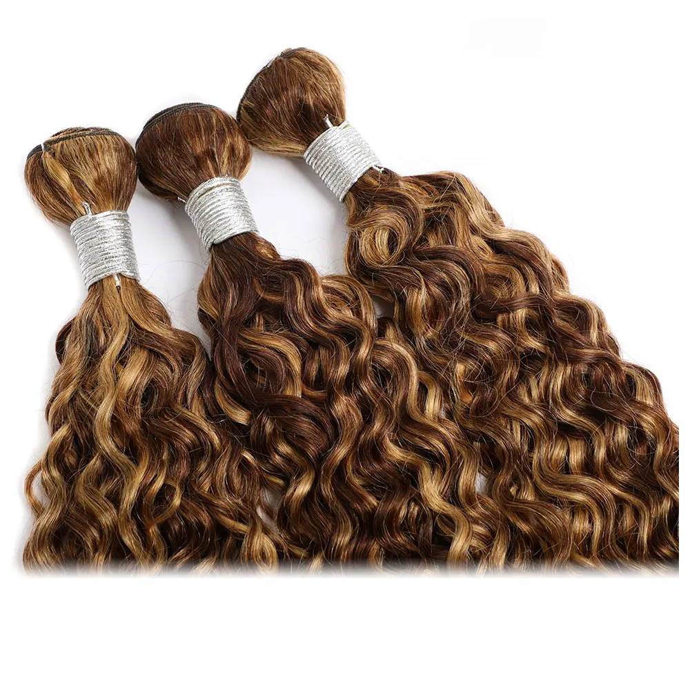 Highlight Water Wave Bundles Human Hair Ombre Brown Hair Highlight Honey Blonde Human Bundles 1 3 4 Pcs Wet and Wavy Weave human hair extensions human hair bundles human hair weave