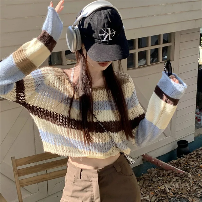 

Autumn Chic Knitted Women Sweater Slash Neck Long Sleeve Striped Color Block Hollow Loose Korean Style Vintage Slim Pullover Top