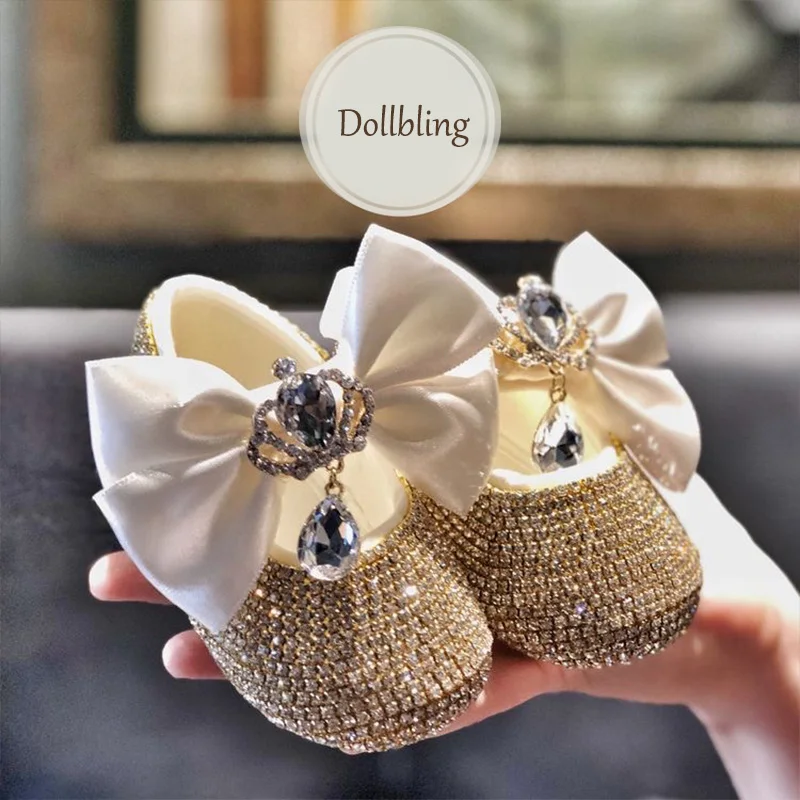 Dollbling Vintage Glitter Pink Chic Baby Name Luxury Diamond Shoes Headband Set Banquet Goddauther Christmas Gift Crib Shoes