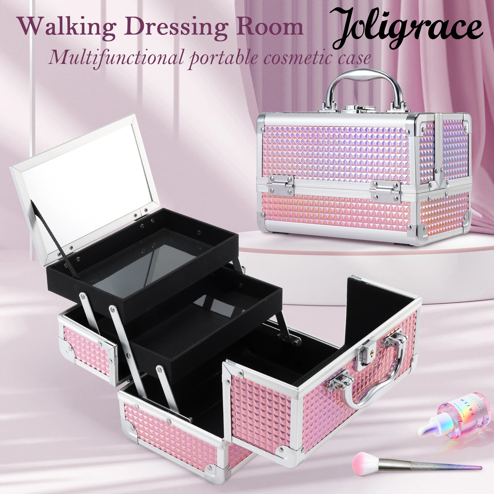 

Makeup Case Make Up Box Train Cosmetic Storage Organizer Portable 2 Trays Lockable Mirror Make-up Manicure Suitcase for Women