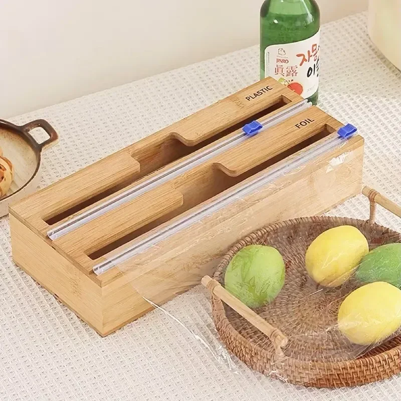 

3 IN 1 Wood Wrap Dispenser With Cutter Food Wrap Kitchen Accessories Organizer Aluminum Foil Dispenser Wax Paper Dispenser