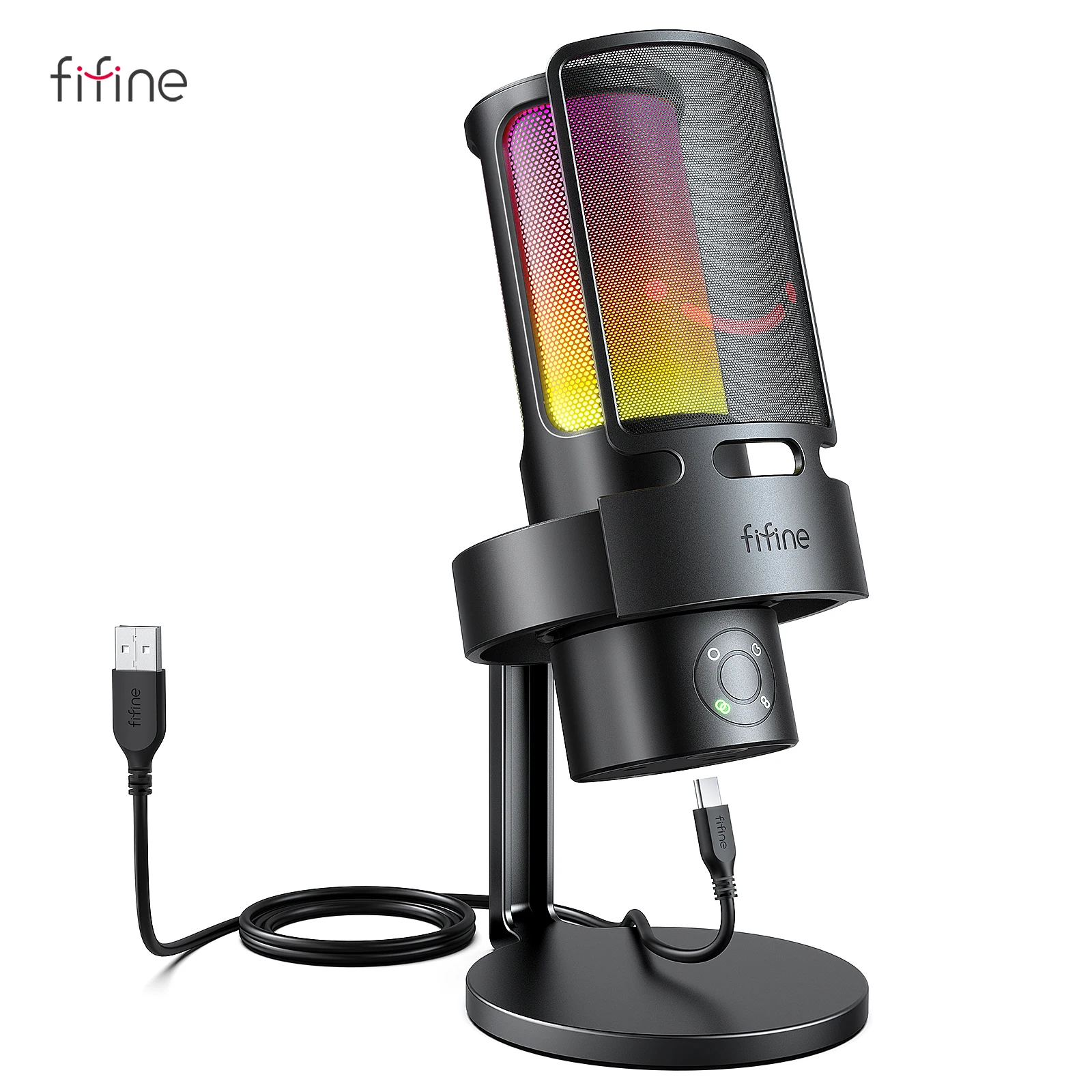 FIFINE Ampligame A8 PLUS USB MIC com RGB, 3 Cápsulas Contraláveis, 4 Pentes Polares, Seletores de Ganho, um Conector de Microfone ao Vivo e um Toque Silencioso