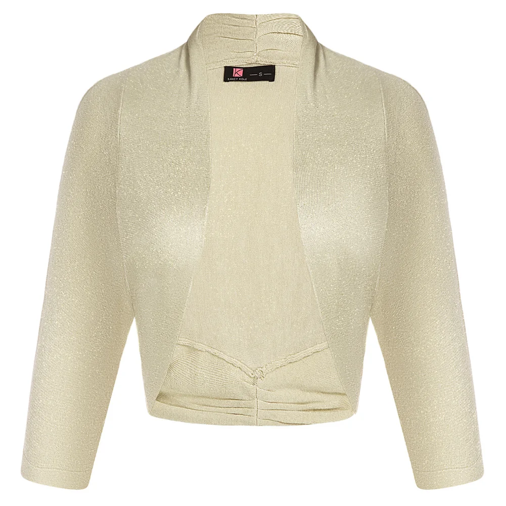 

KK Women Ruched Cardigan 3/4 Sleeve Open Front Cropped Length Sweater Stand Collar Solid Summer Bolero Elegant Shrugs For Women