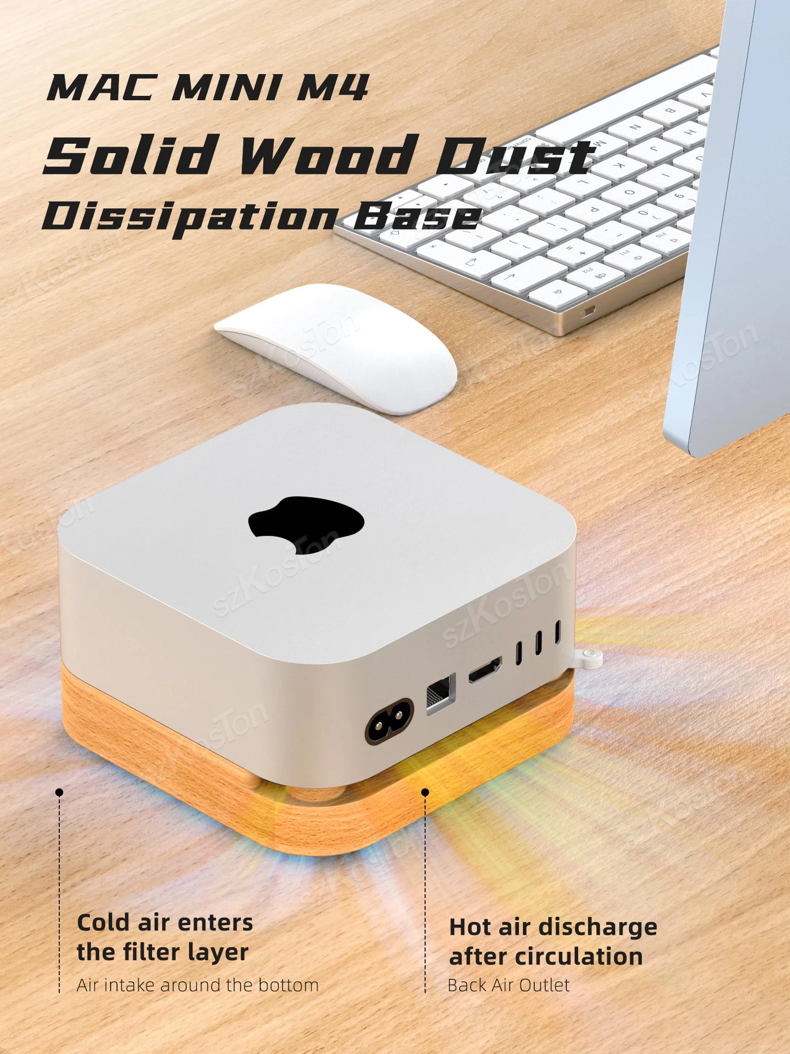 Mac Mini M4 & M4 Pro 컴퓨터 데스크탑 스탠드(외부 전원 버튼 방열 도크 홀더 포함)용 목재 방진 베이스