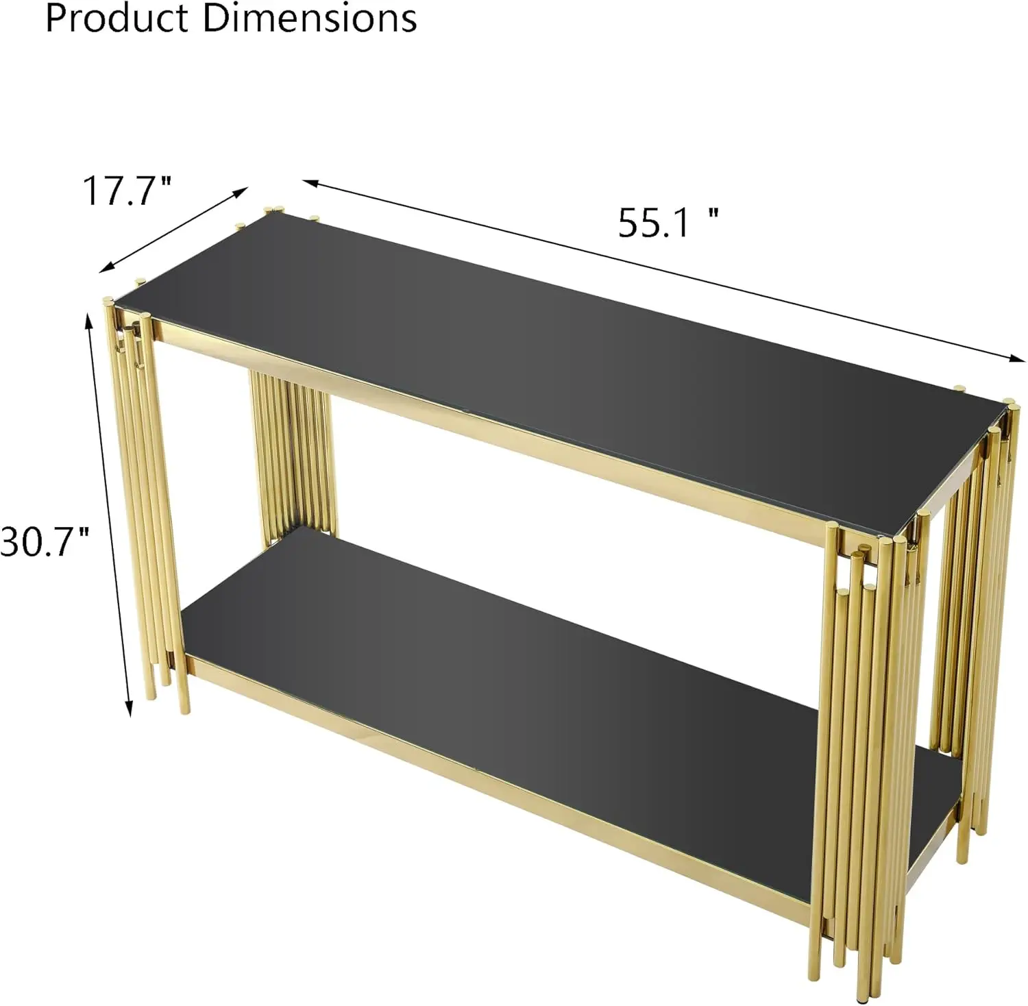 Glass Console Table Modern Black Glass Entryway Tables 2-Tier Luxury Accent Sofa Table with Tempered Top and Golden