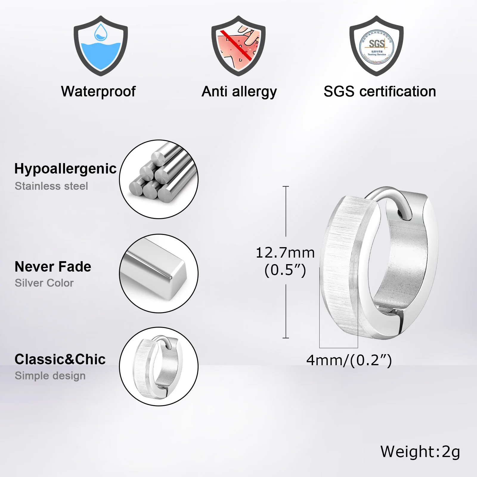 4MM Simple Hoop Earrings for Men Boys,Stainless Steel Circular Round Trendy HipHop Rap Cool Jewelry Accessories Gift