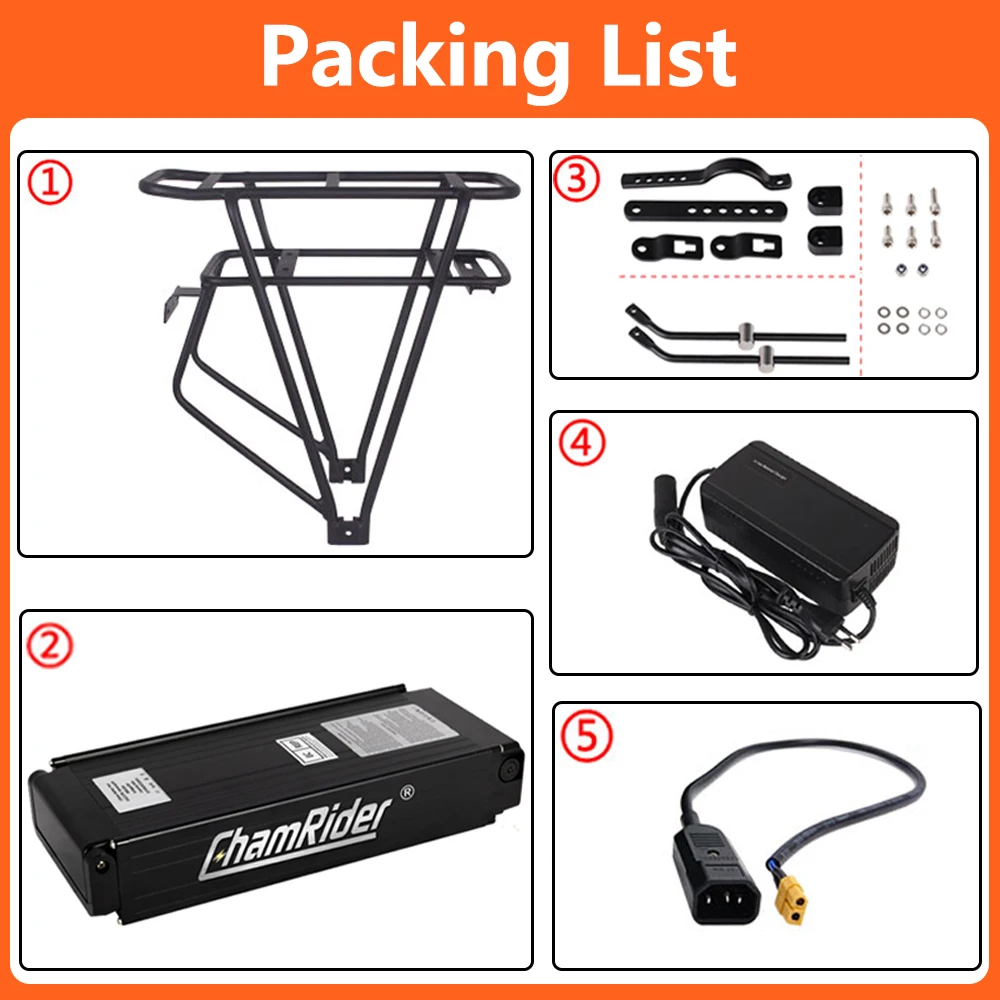 Chamrider E-Bike-Batterie 48V Gepäckträger Batterie 52V Elektro fahrrad Batterie Lithium-Batterie leistungs starke Kapazität 36V 50a BMS 21700 Zelle – Detail 22