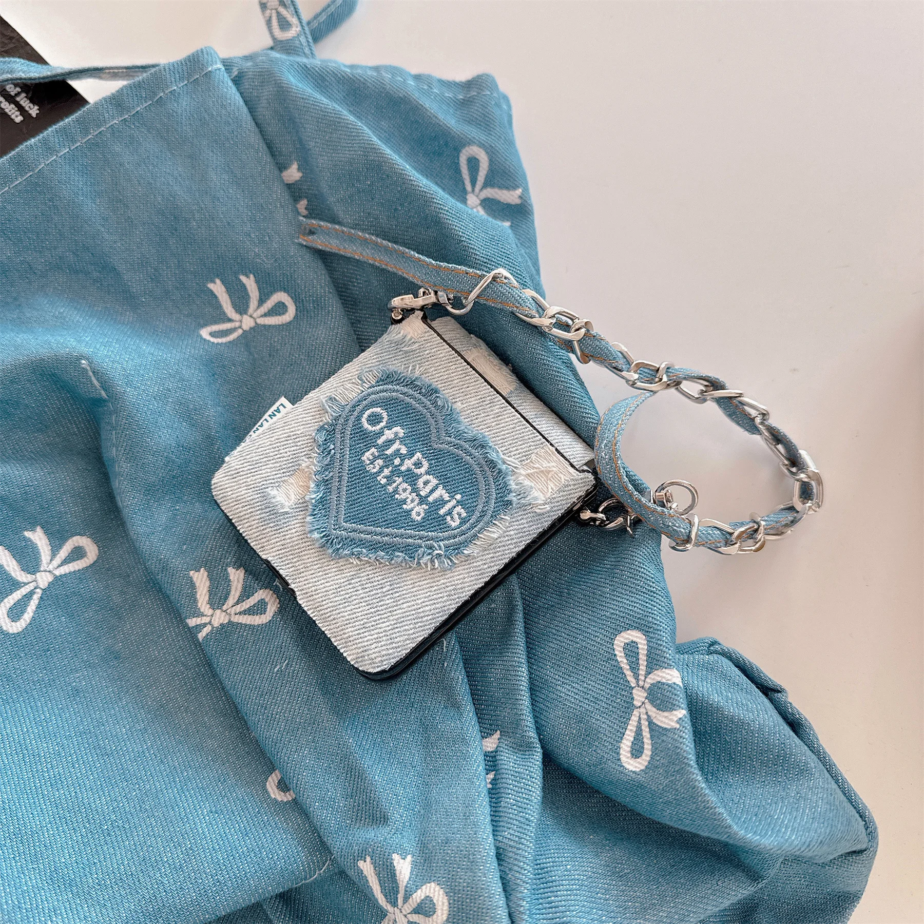Korean Y2K Denim Heart Phone Case with Portable Chain in Blue
