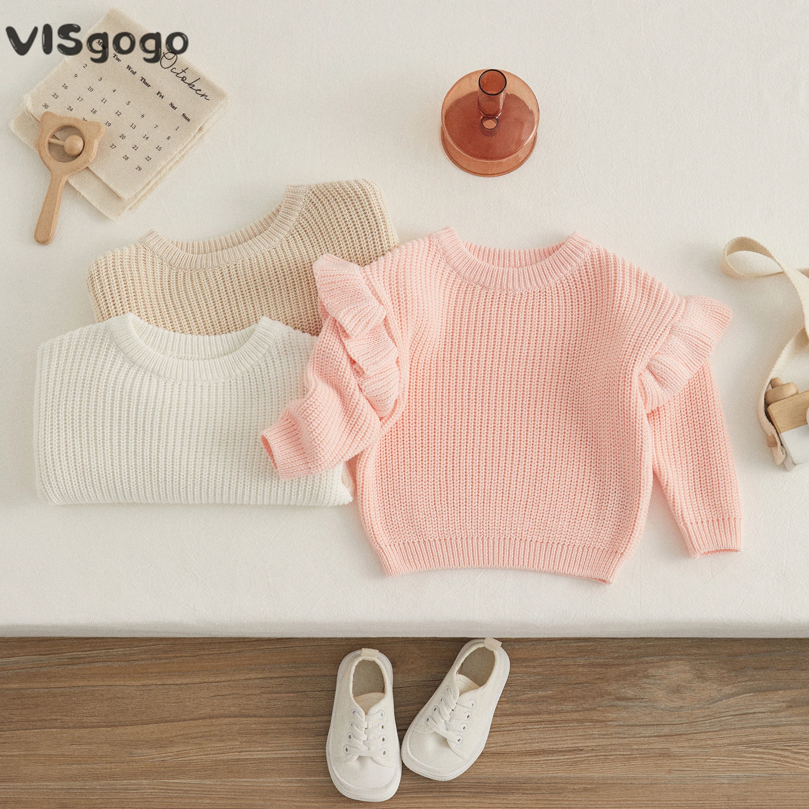 VISgogo  여아 스웨터, 귀여운 러플 긴팔, 단색 니트 풀오버, 가을 겨울 ..