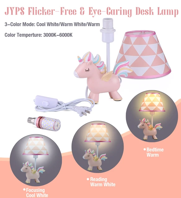 JYPS Bonita lámpara de unicornio, lámpara de mesita de noche para niños con  bombilla LED y sombra, regalos de unicornio para decoración de dormitorio