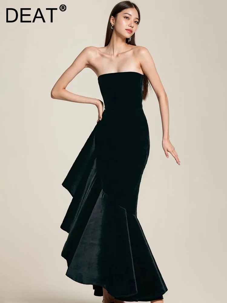 

DEAT Women's New Strapless Velvet Sleeveless Patchwork Dress Fashion Ruffles Elegant Evening Party Dresses Summer 2024 13DB3487