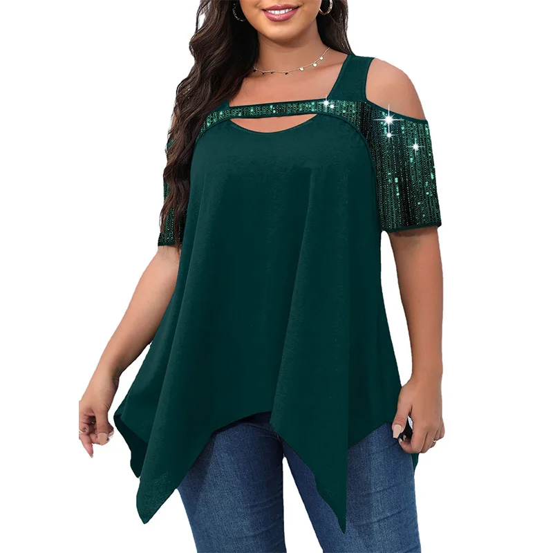 Summer Clothes for Women Hollow Out Irregular T-Shirt Fashion O-Neck Sequined Splice Short Sleeve Blackish Green Plus Size Top