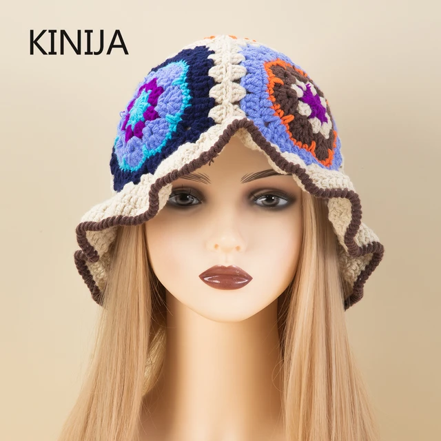 Winter New Hand Crocheting Flower Bucket Hat for Women Korean Fashion Ins Multicolour Retro Beanies Girls Wool Knitted Skull Cap 2