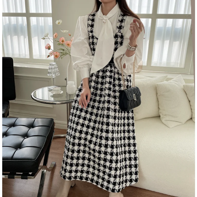 Autumn French Chic Ribbon Pearl Long Sleeve Shirt+ Plover Case Vest Long Dress with Belt Elegant Sweet Two-piece Women Set 1567