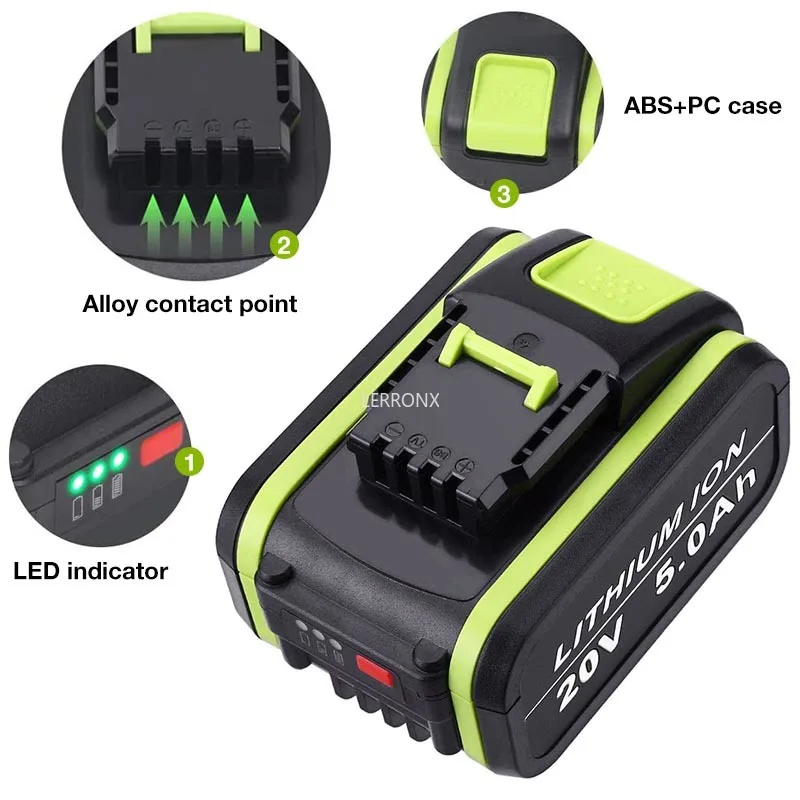 Wx550 20v 5000mah Lithium Rechargeable Replacement Battery For Worx