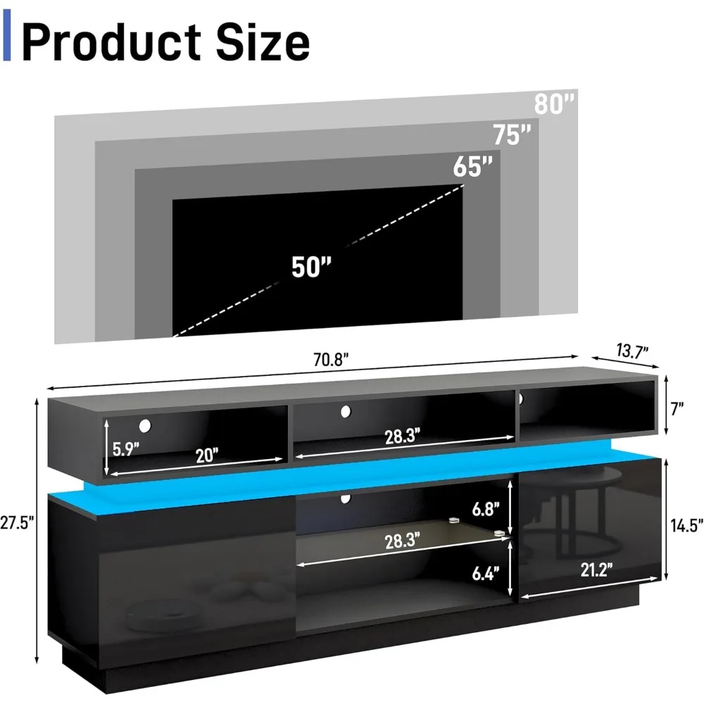 LED TV Stand for 80 Inch TV, Modern Tall Entertainment Center with Storage, High Gloss Gaming TV Media Console with Glass Shelf 5