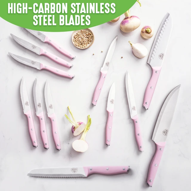 13 Piece Cutlery Stainless Steel Knife Set with Block Pink Rust Resistant  Durability