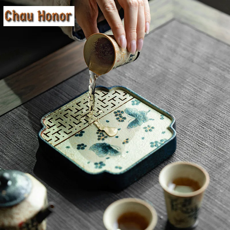 Blue And White Flint Red Square Tea Tray Handmade Gold Drawing Butterfly Water Storage Dry Bubble Tray Teapot Base Tea Ceremony