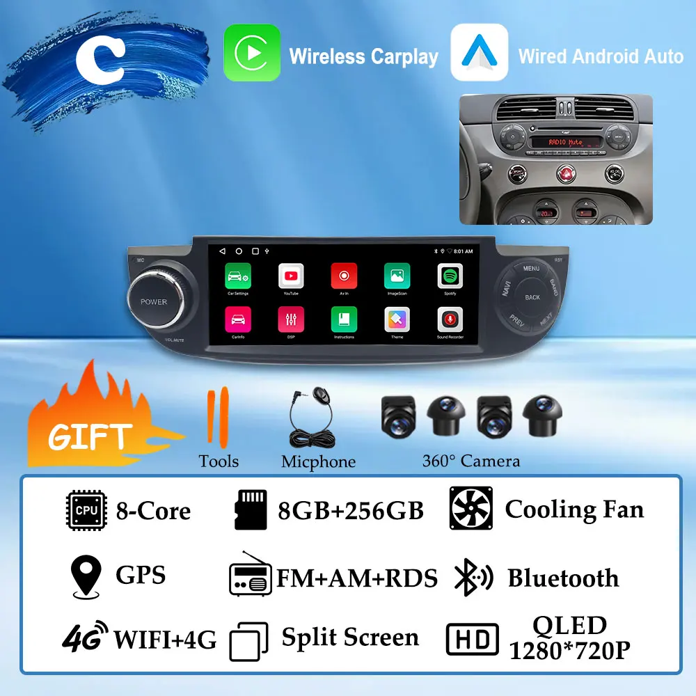 フィアット500アバルト2007-2015用Android 15 Carplay対応オート7 