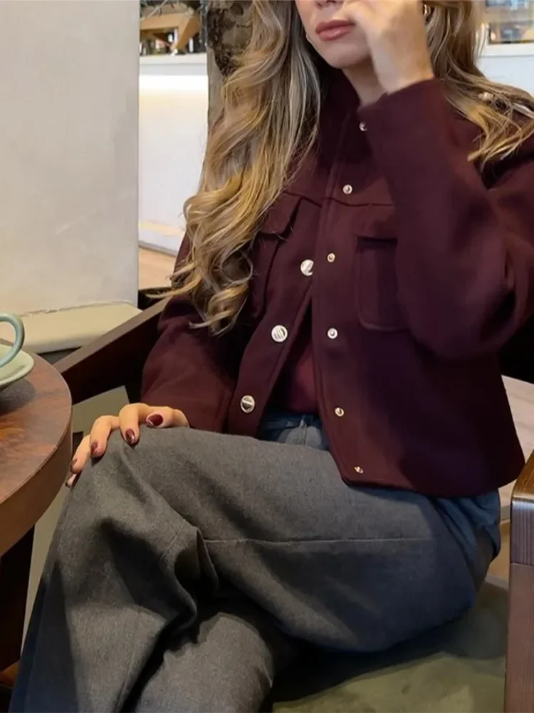 Elegant Women's Burgundy Cropped Jacket Female Stand Collar Single Breasted Full Sleeve Pocket Coat 2024 Autumn Lady Outwear New 6