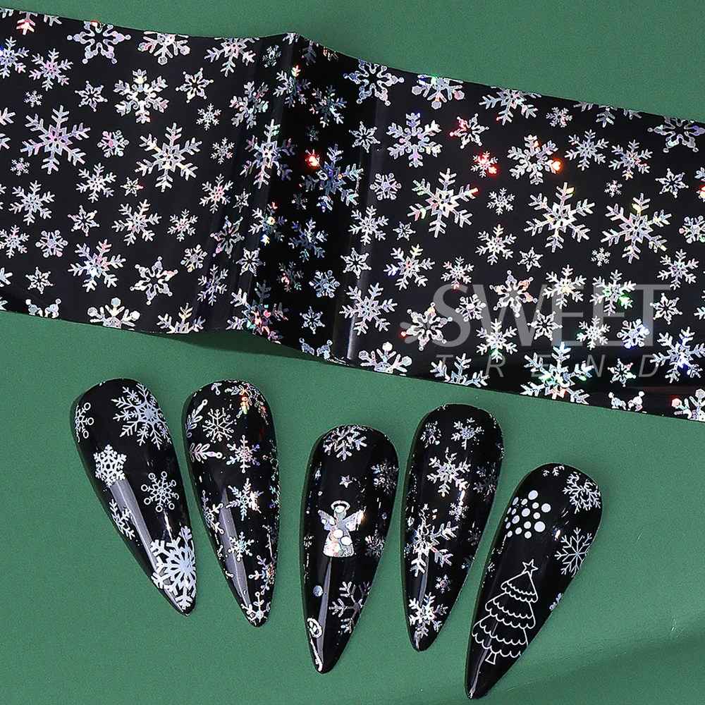 10pcs Holographic Christmas Nail Foils Set Winter New Year Stars Snowflakes Gift Xmas Tree Starry Sky Foil Transfer Sheets Decor
