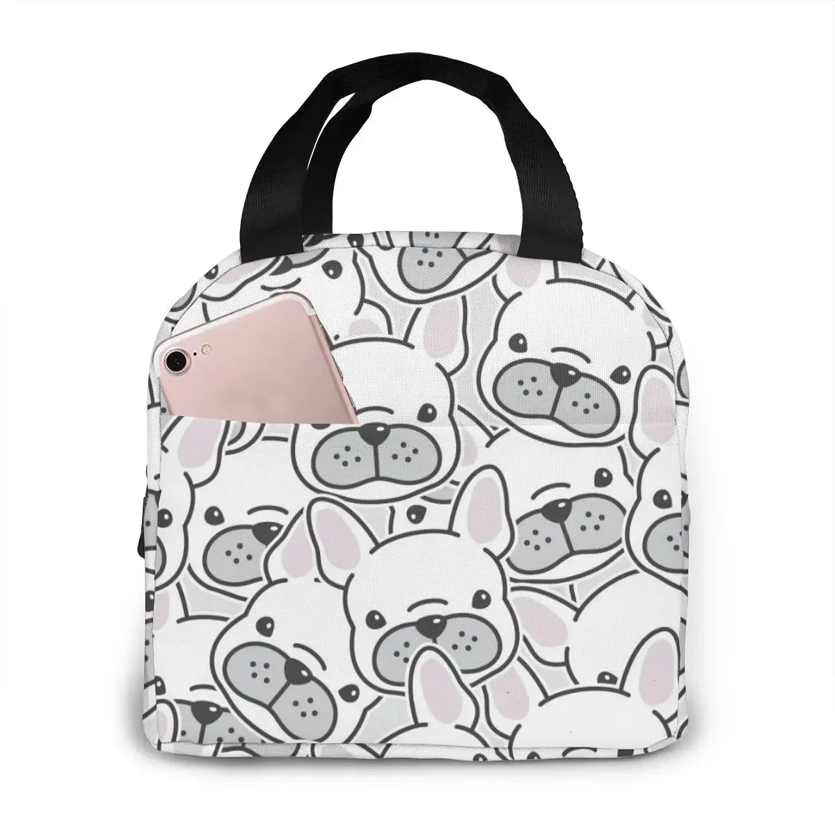 프렌치 불독 강아지 얼굴 개 머리 패턴 쿨러 백, 휴대용 지퍼 보온 도시락 가방, 편리한 도시락 토트 푸드 백  Best5