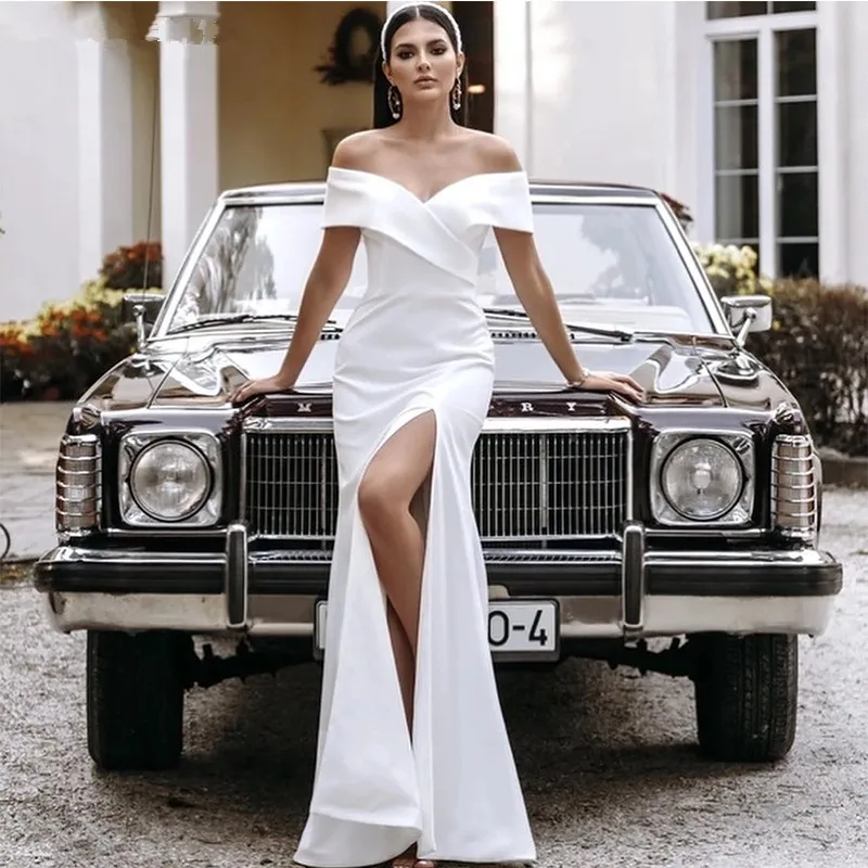 

Женское атласное свадебное платье vinca sunny novias, черное платье с открытыми плечами и разрезом сбоку, модель 2023