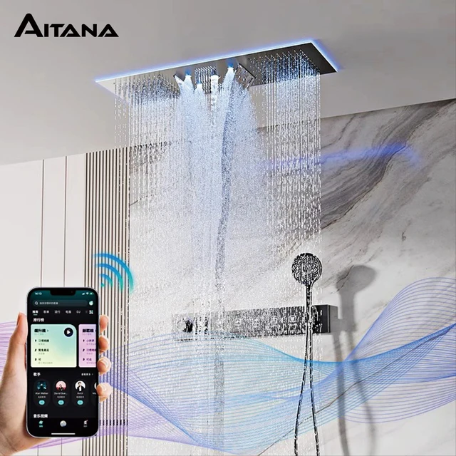 AITANA ทองเหลืองหรูหรา Gunmetal จอแสดงผล LED ระบบฝักบัวอาบน้ํา Thermostatic เพดานห้องน้ําฝังปกปิดผ้าม่านยักษ์สายฝน 2