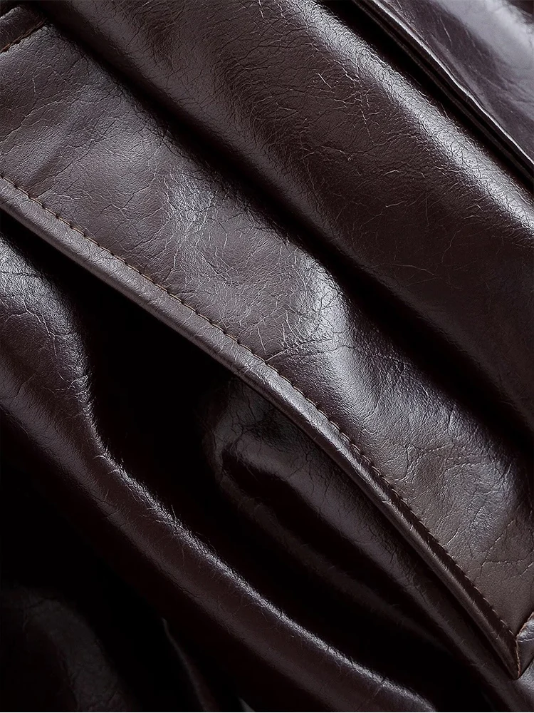 Fashion Women's Faux Leather Jacket Turn-down Collar Double Breasted Belt Coats 2025 Autumn New Ladies Casual Street Outwear