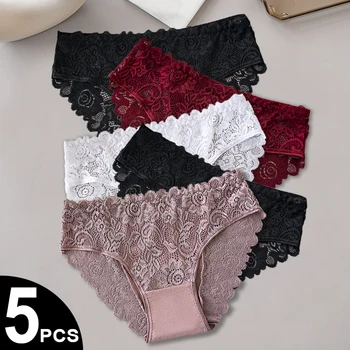 Set di mutandine di pizzo da 5 pezzi per donna patchwork di cotone scava fuori ricamo floreale slip da donna biancheria intima femminile sexy 1