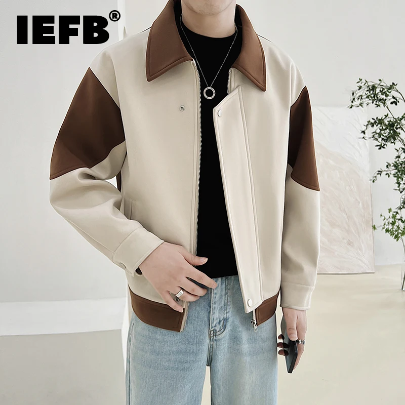 

IEFB Men's Cardigan Woolen Coat Autumn Winter Clothing Korean Style Fashion Woolen Contrast Color Loose Jacket Slim Man 9C2150