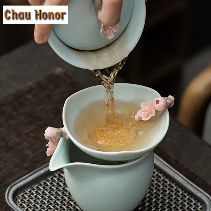 Handmade Knead Pink Plum Blossom Ceramic Tea Infuser Boutique Azure Ru Kiln Celadon Loose TeaLeaf Spice Tea Filter Tea Ceremony