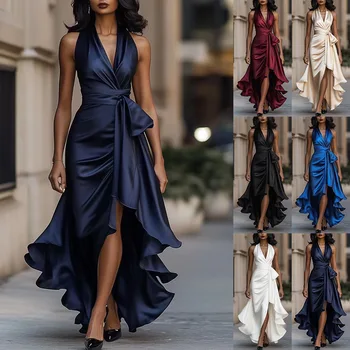 Summer Ruffle Sundress Women's Sleeveless Deep V Neck Asymmetrical Slash Ribbon Party Long Dress SZE-5581 1