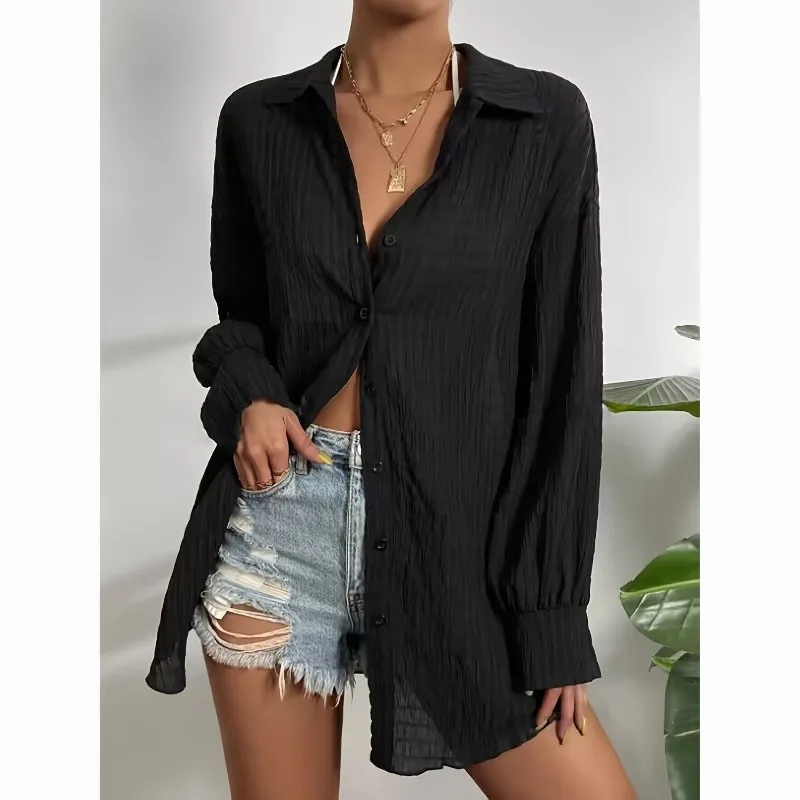 

HOUZHOU Basic Black Shirts Women Solid Color Long Sleeve Oversized Pleated White Blouses Korean Fashion Casual Clothes Harajuku