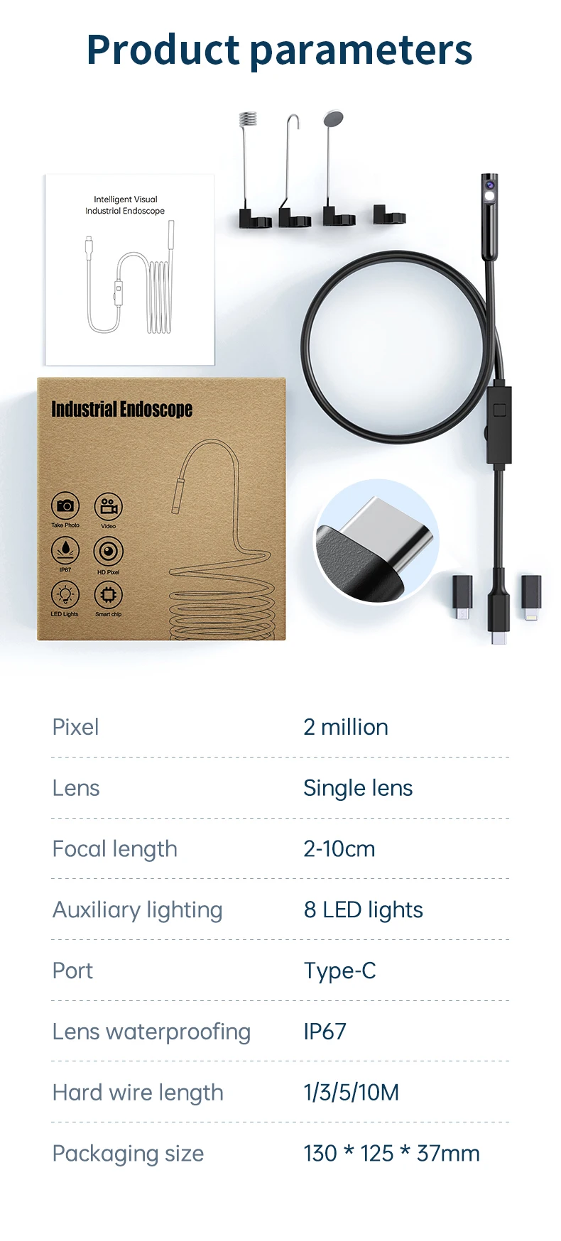 2MP Endoscope Android Mini Inspection Camera Single/Dual Lens 3 IN1 Borescope Wa