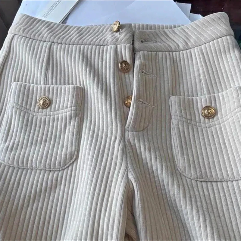 Winter Warm Loose Plush Lining Pantalons Korean Chic Straight Trousers Add Velvet Thick High Waist Corduroy Wide Leg Pants Women