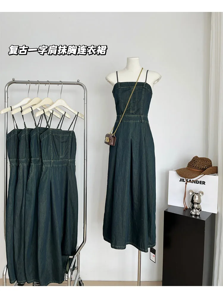 

Woman Denim A-Line Dress New Trend Aesthetics Bodycon Dress Japanese Fashion Spaghetti Strap Gyaru Dress All-match Tunic