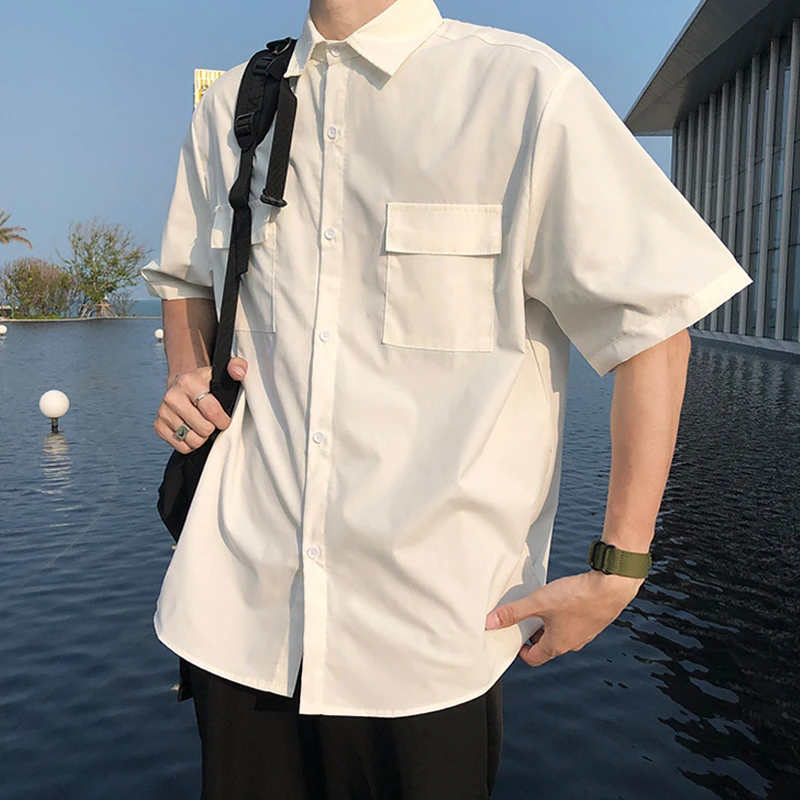 EBAIHUI Men's White Shirts with Tie Set Preppy Uniform DK Loose Short Sleeve Shirt Couple Loose Basic Short Shirts Asian Size