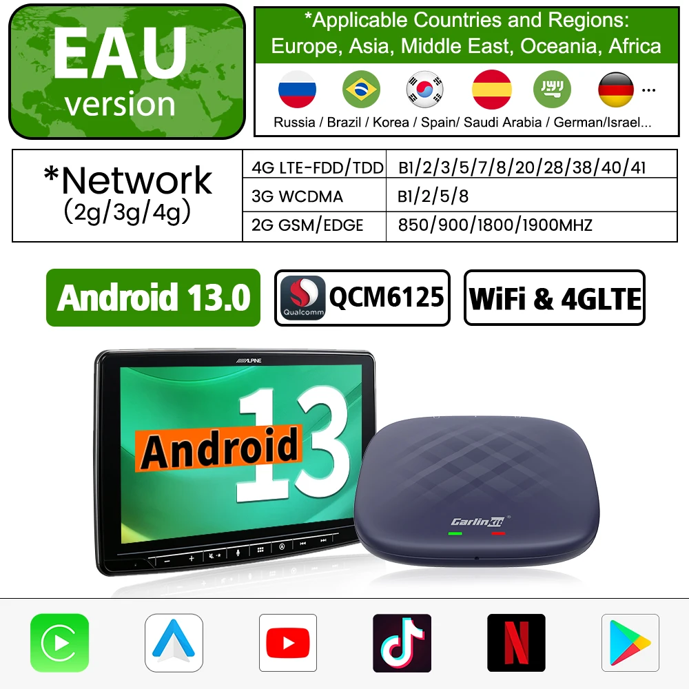 Adaptador CarlinKit Wireless Auto E CarPlay, Android 13, AI Video.
