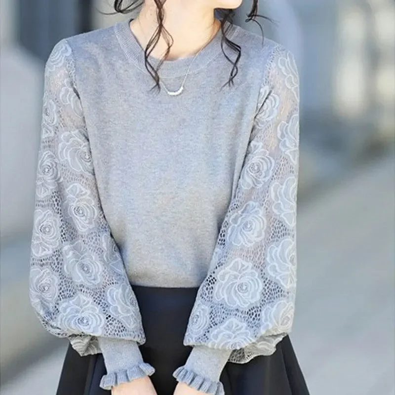 

Women's Clothing Lace Hollow Out Spliced Shirt Casual o Neck Spring Autumn Korean Solid Color Commute Loose Knitted Blouse N766