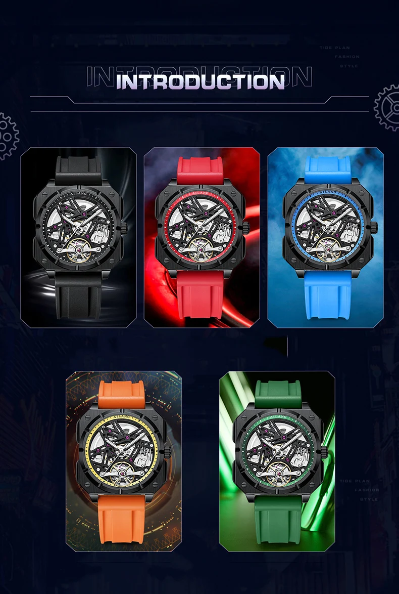 Fyrkantig urtavla Automatisk Tourbillon för män Mekanisk Skelett Tourbillon Herr Gummiarmband Topp Lyx_voghion.com