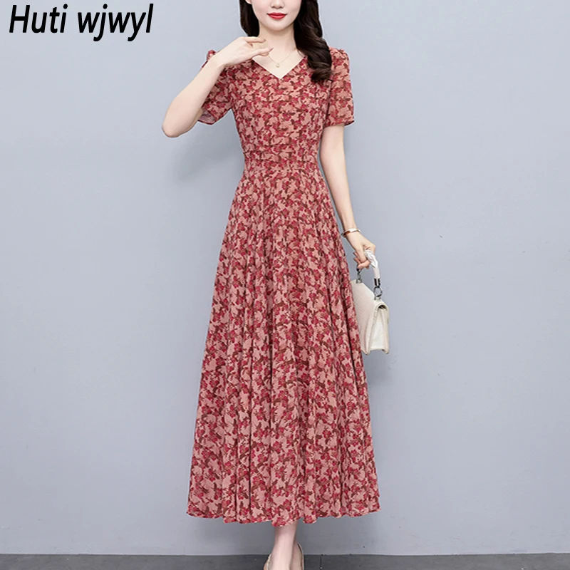 

Elegant Women Bodycon Party Long Dress 2024 Red Print Vintage Chiffon Casual V-neck Vestidos Summer Luxury Chic Prom Night Dress