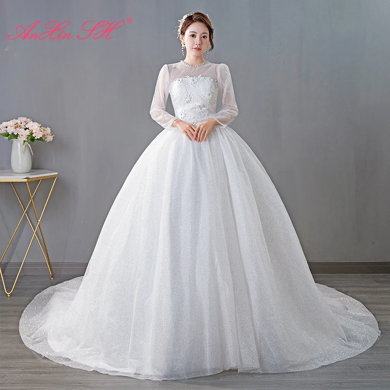 

AnXin SH princess white flower lace wedding dress vintage o neck beading pearls illusion long sleeve ball gown wedding dress