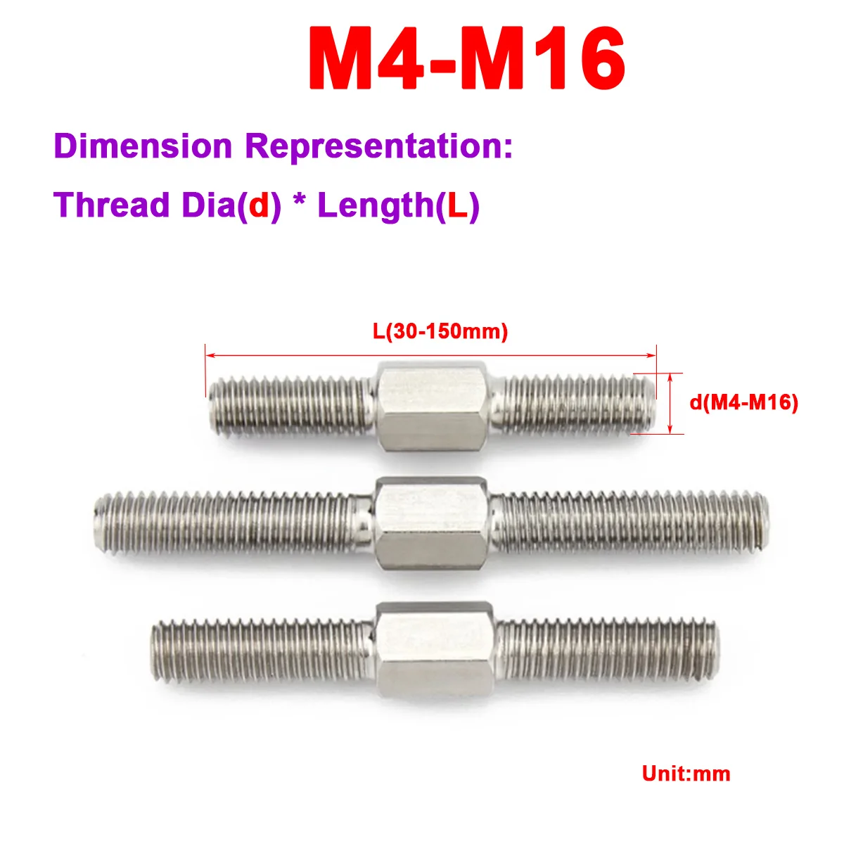 

304 Stainless Steel Hexagonal Straight And Reverse Thread Double Head Screw M4M5M6M8M10M12M16