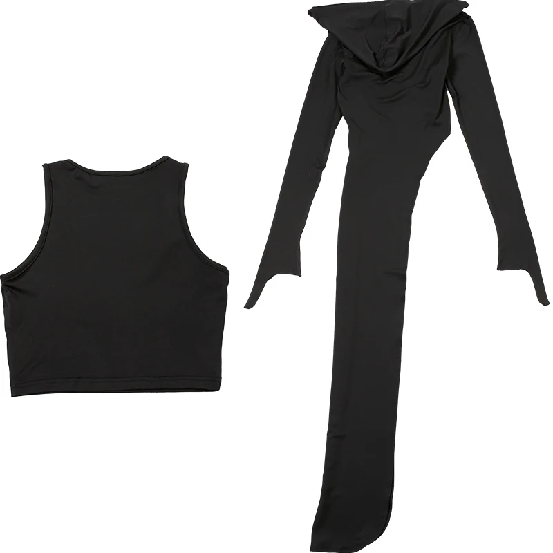 Solid Hooded 2 Piece Tops Women All-matches Classic Lengthen Split Pullover+Crop Tanks Female Fashion Unique Streetwear