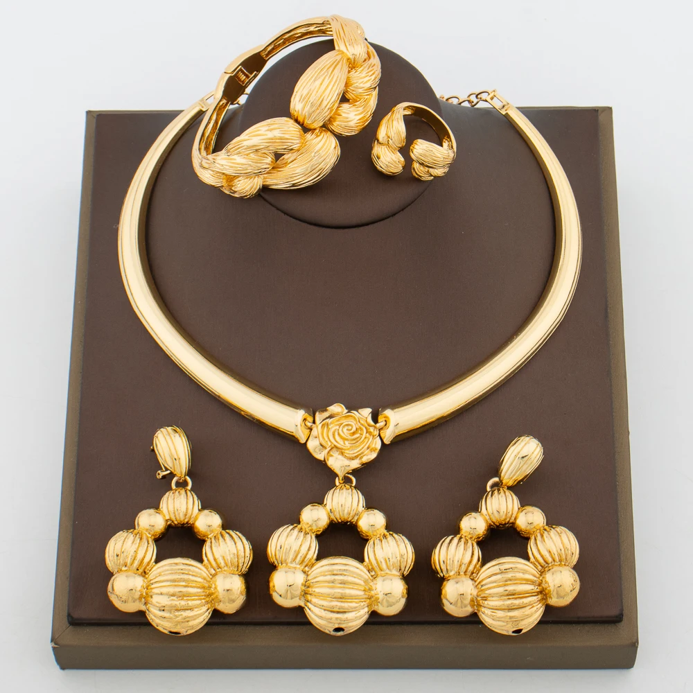 

Dubai Gold Color Jewelry Set for Women Dangle Earrings and Pendant Necklace with Bangle Ring 4Pcs Set for Weddings Party Gifts